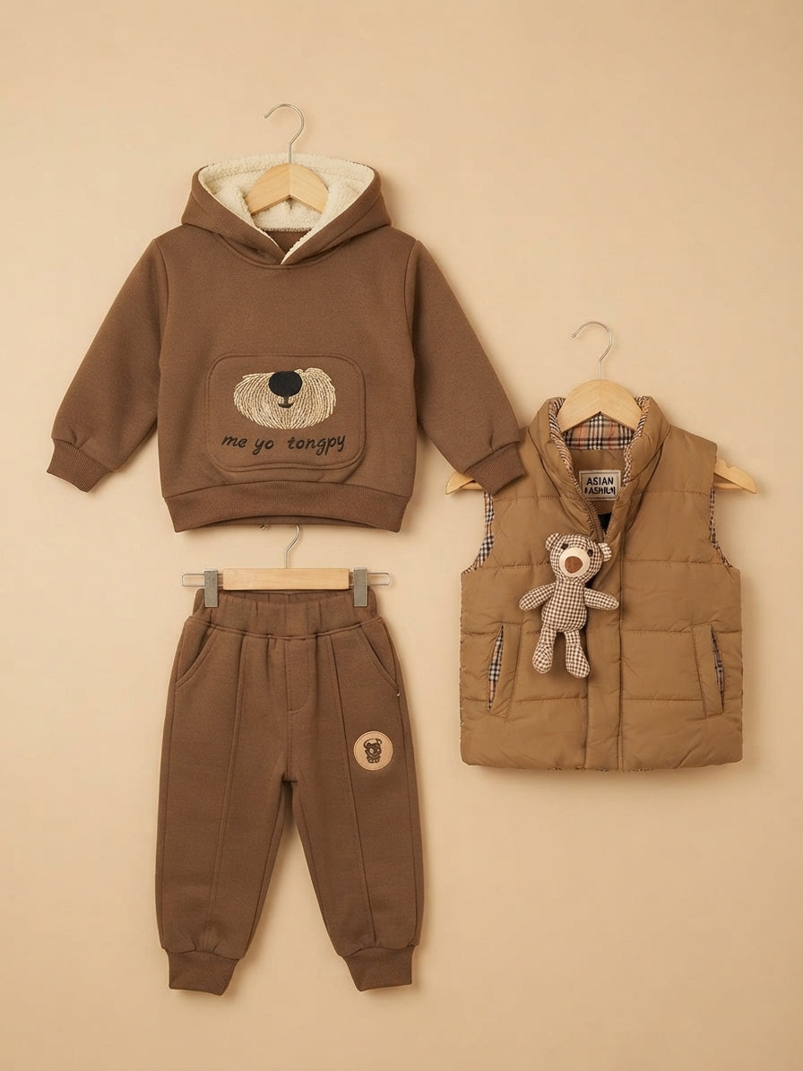 Girls Cute Bear Graphic 3-Piece Winter Tracksuit Set Featuring Padded Vest And Hoodie
