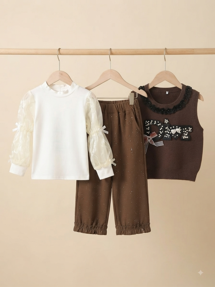 Stylish 3-Piece Girls Outfit Set Featuring Knit Sweater Vest, Sheer Sleeve Shirt, and Trousers