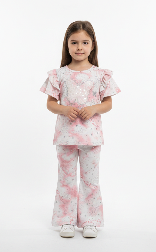 Girls' Sequined Butterfly Flutter Sleeve Top and Flare Leggings Set – Three Pastel Marble Colors