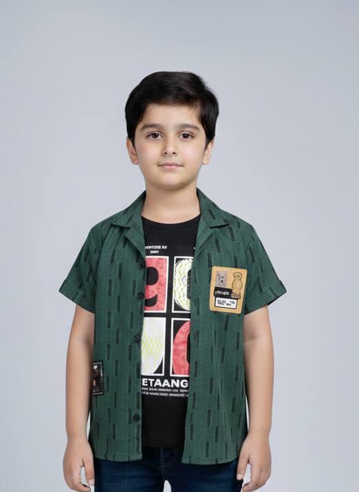 Trendy Boys' Dual-Tone Khaki and Black Graphic Layered Shirt for a Bold Urban Fashion Statement