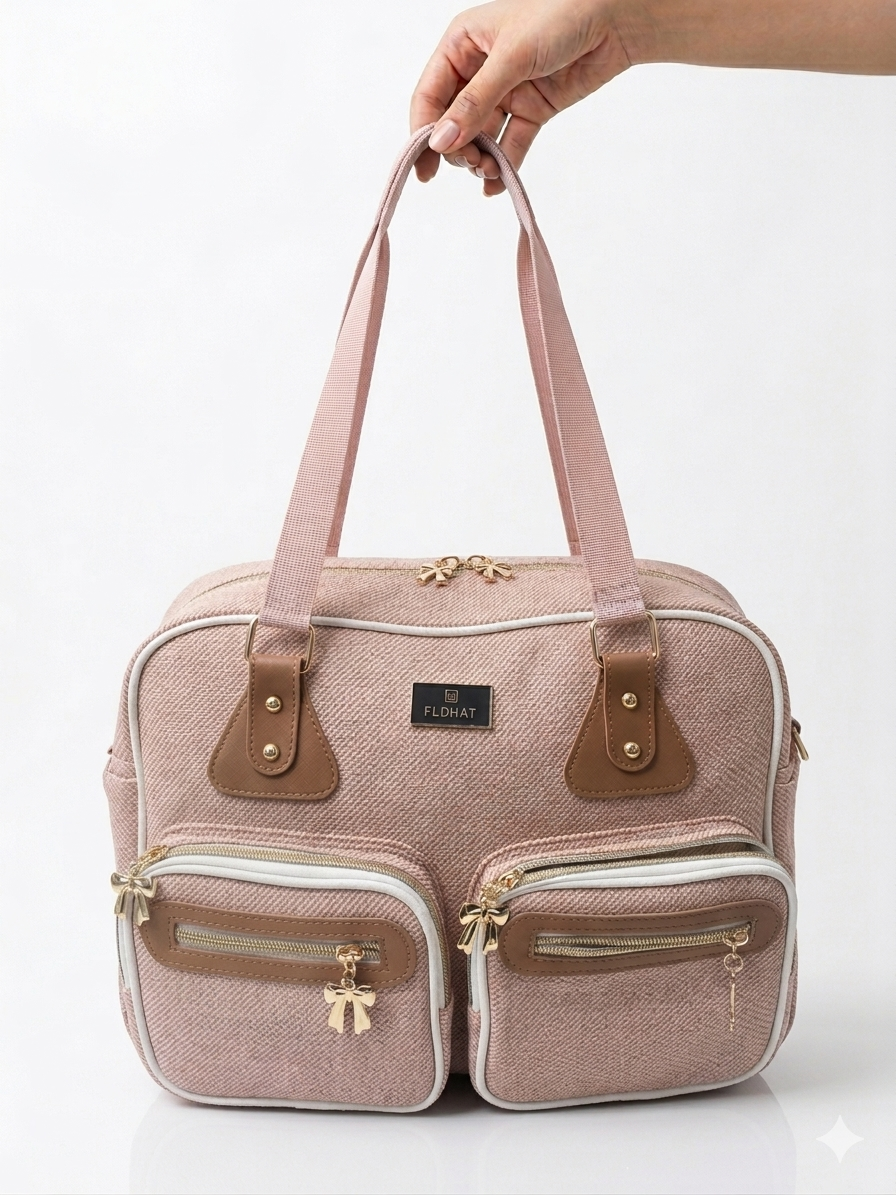 Premium Bow Charm Multi Pocket Women Handbag Durable Stylish Travel Diaper Bag Tote Set