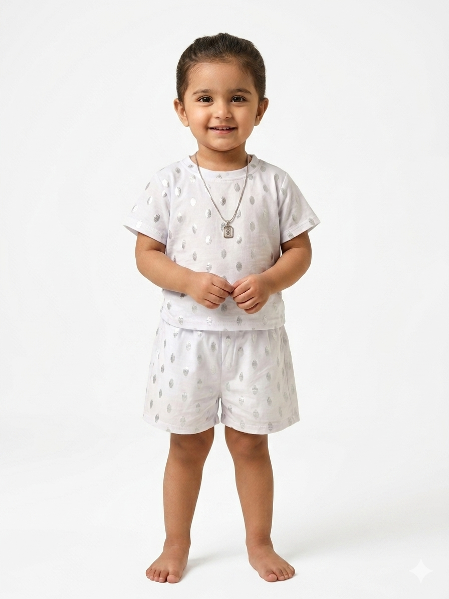 Baby Girls Cute White and Silver Metallic Foil Print T Shirt and Shorts Set