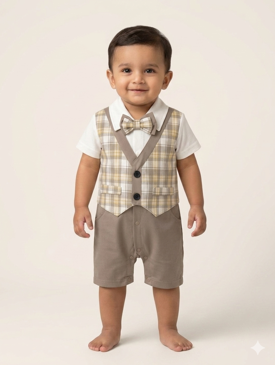 Baby Boys Formal Gentlemen Romper Suit Featuring Plaid Vest Bow Tie and Snap Button Closures