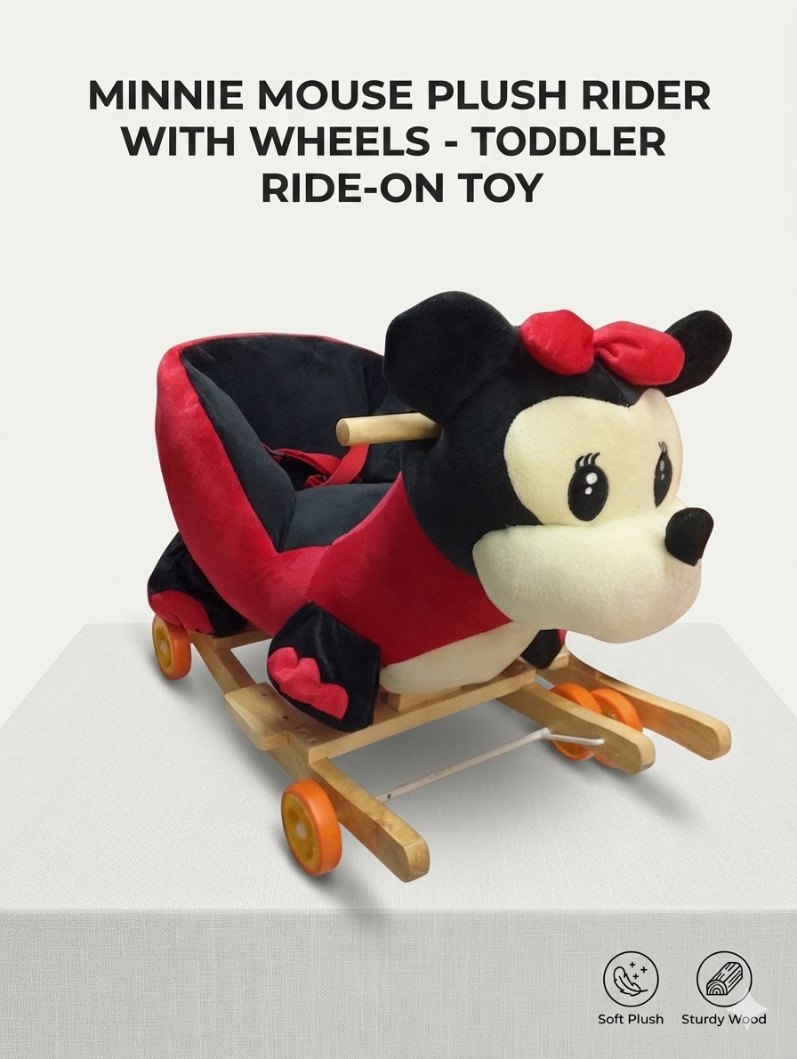 Minnie Mouse Plush Toddler Ride-On Toy with Wooden Rocker Base and Rolling Wheels