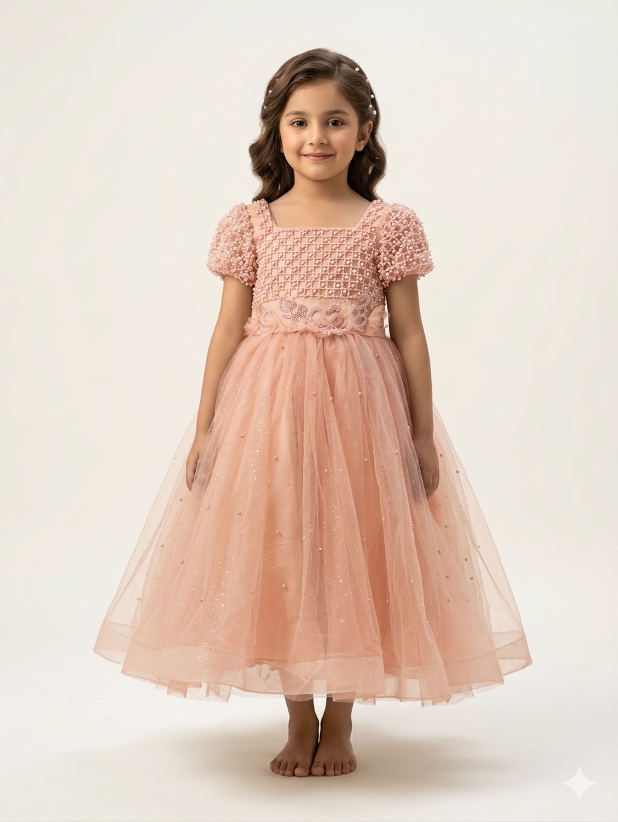 Luxury Square Neck Pearl Beaded Girls Gown with Textured Bodice and Shimmering Tulle Skirt