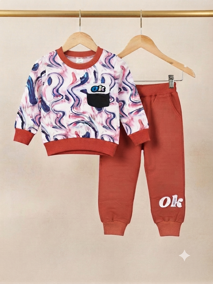 Stylish Abstract Swirl Print Kids Fleece Sweatshirt And Matching Joggers Winter Outfit Set