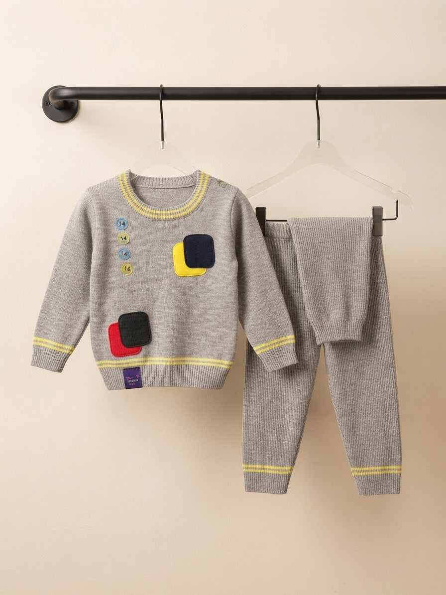 Chic Grey Knit Patchwork Sweater And Trouser Set For Winter Kids Fashion