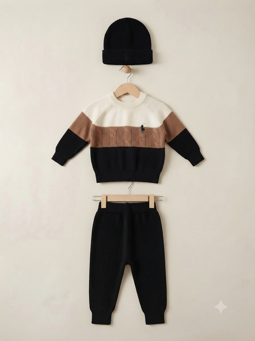 Kids Stylish Colorblock Knit Sweater Full Length Trousers And Matching Beanie Hat Set
