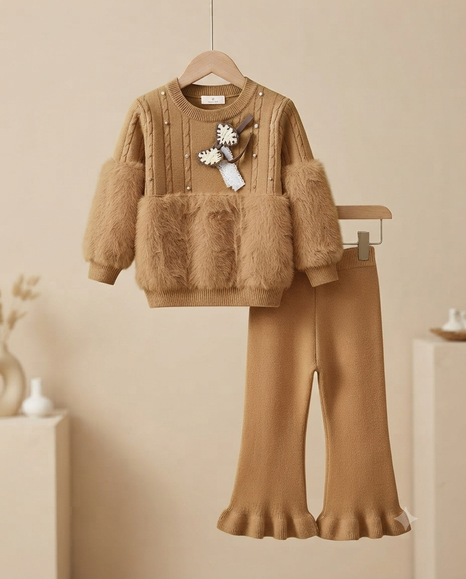 Stylish Winter Knitted Two-Piece Set With Faux Fur Accents And Ruffle Pants