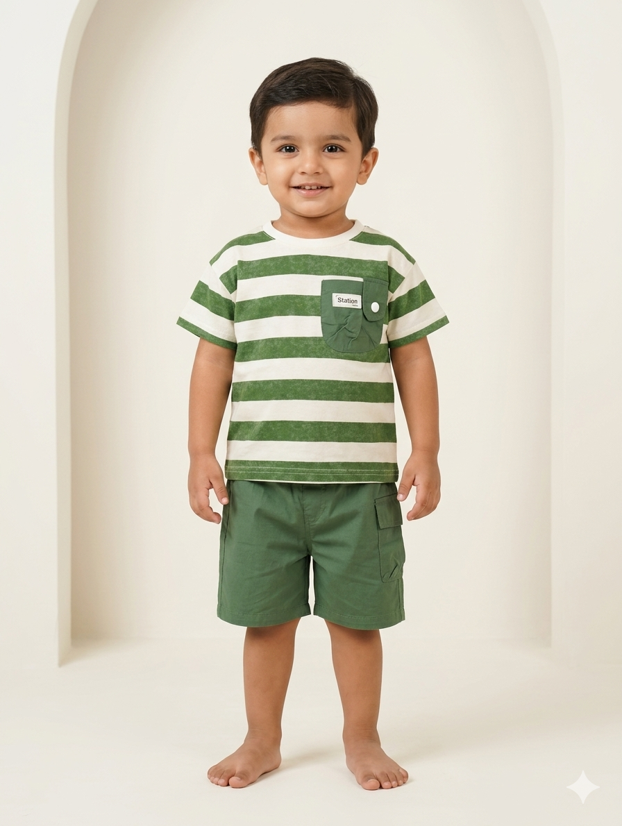 Boy's Striped Cotton T-Shirt and Cargo Shorts Two-Piece Set in Earthy Summer Tones