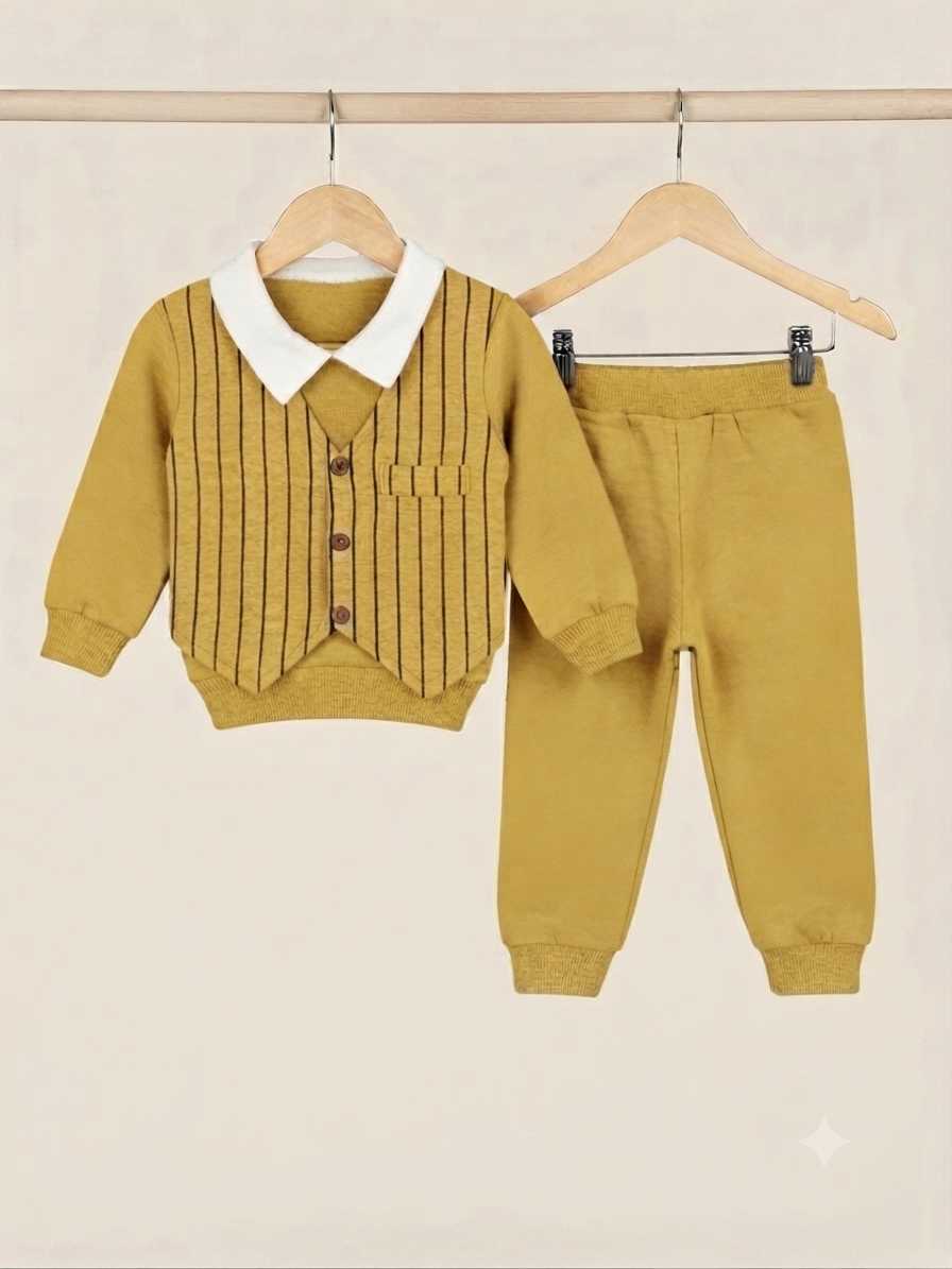 Kids Stylish Fake Waistcoat Style Shirt And Full Length Trouser Winter Outfit Set