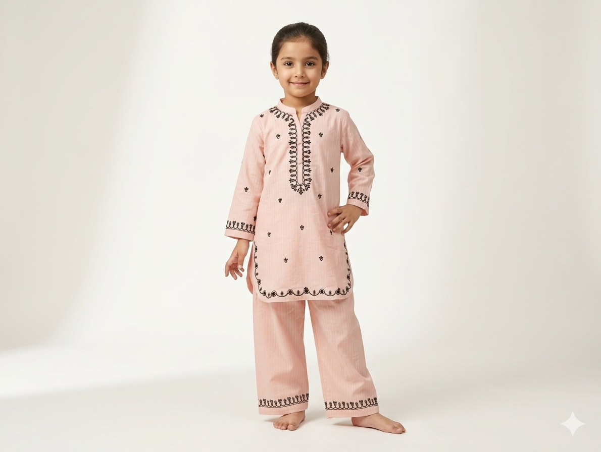 Girls Pink Cotton Kurta Set with Elegant Black Thread Work Embroidery and Matching Straight Pants