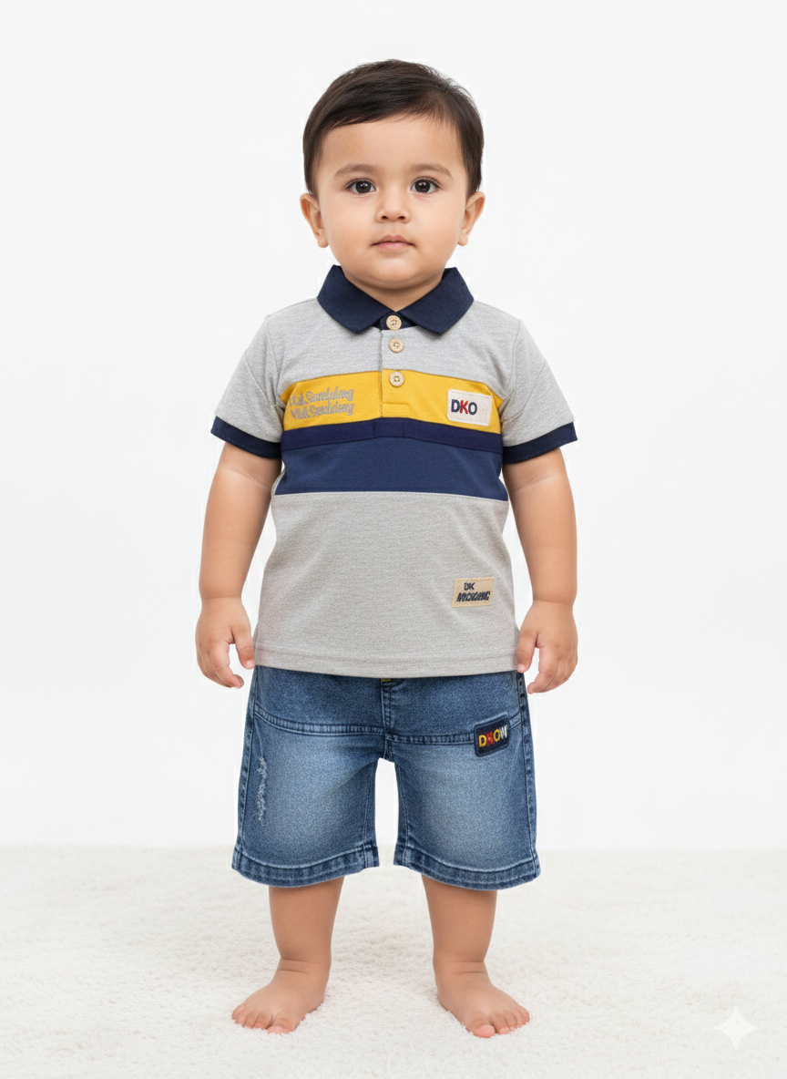 Trendy Grey Polo Shirt Featuring Bold Navy and Yellow Color-Block Stripes for a Sporty Look