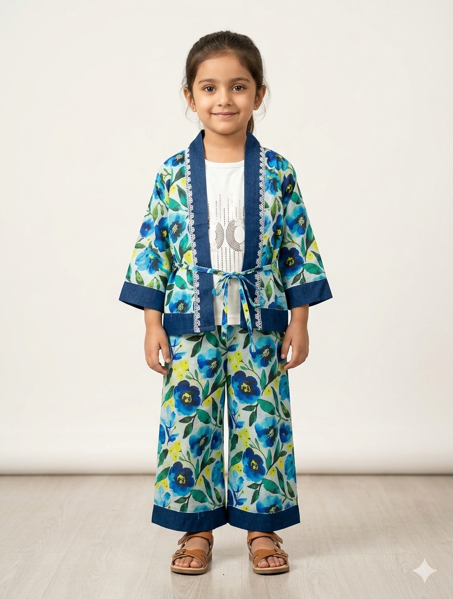 Girls Vibrant Floral Kimono Three Piece Set with Denim Trim and Wide Leg Matching Pants