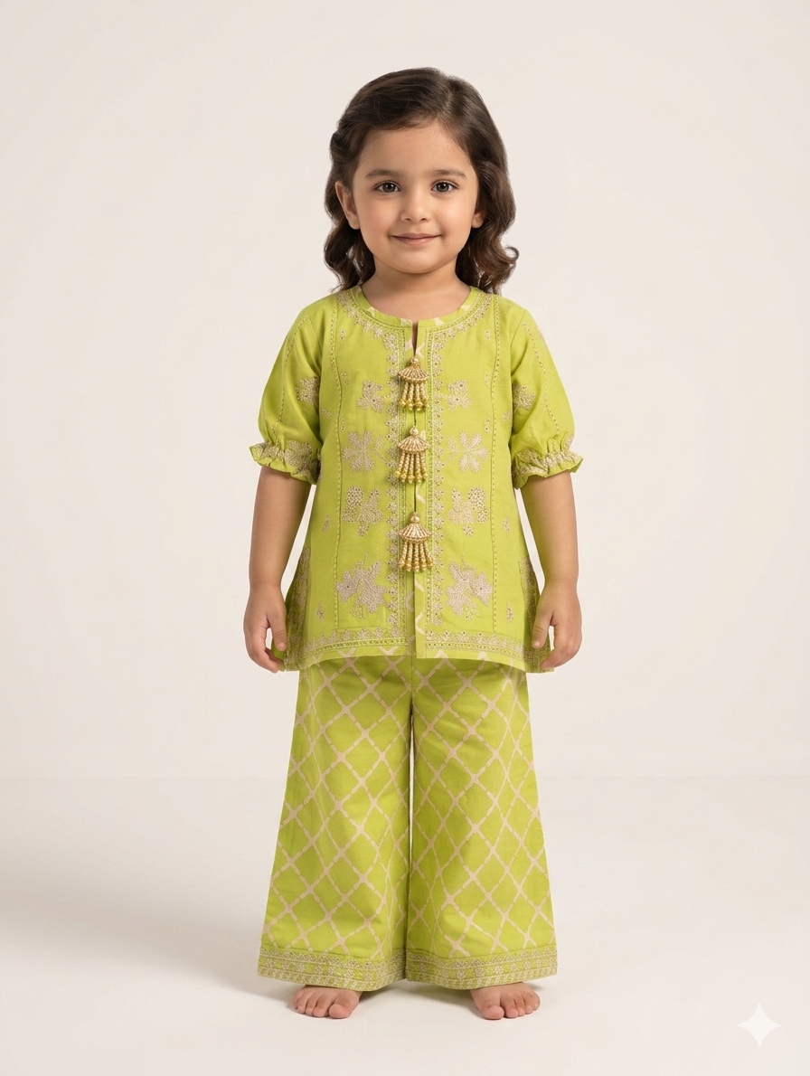 Exquisite Hand-Embroidered Ethnic Tunic and Palazzo Set for Toddlers in Vibrant Lime and Pink