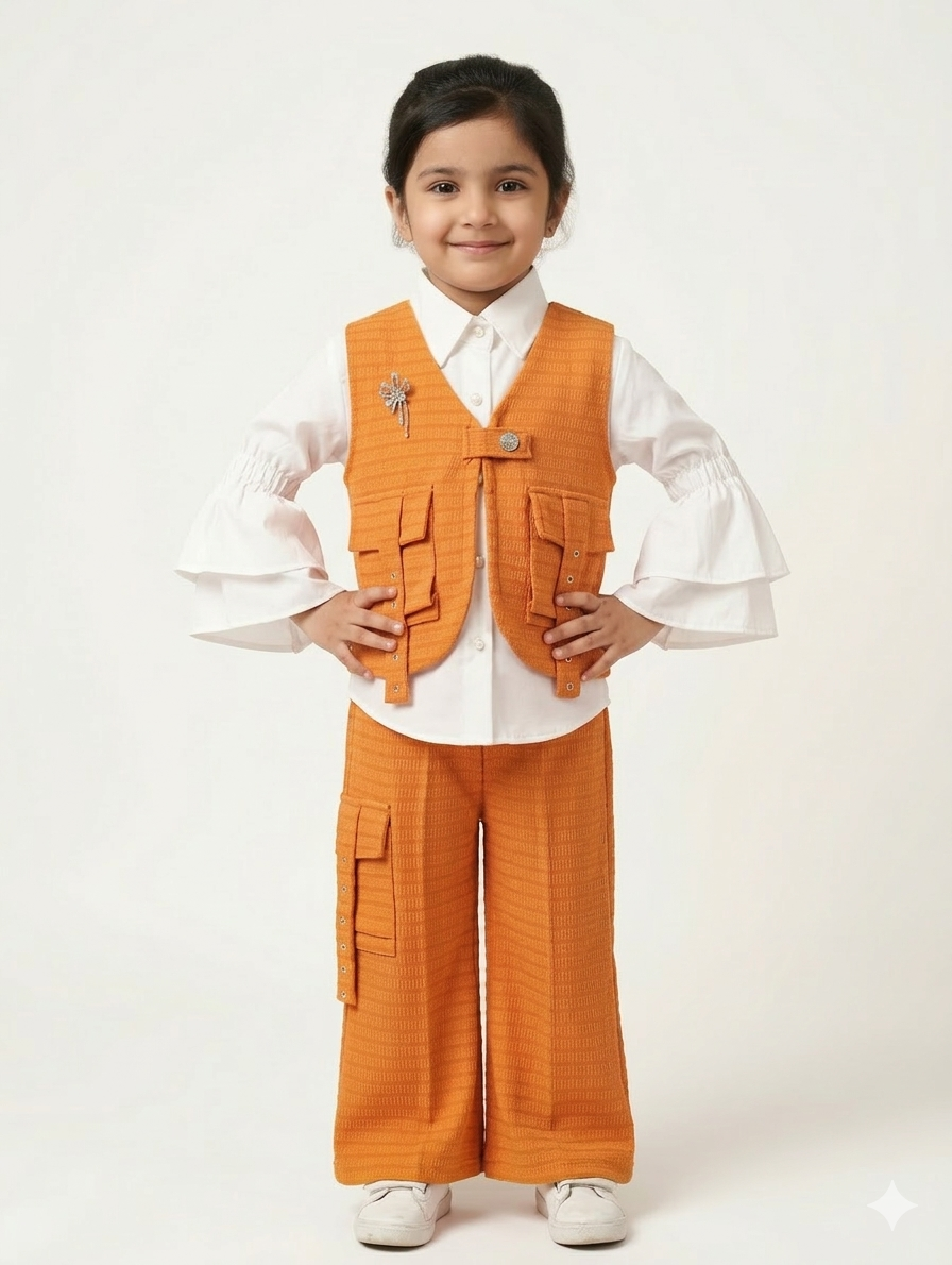 Girls 3 Piece Cargo Vest Suit with Ruffled Bell Sleeve Shirt and Wide Leg Pants