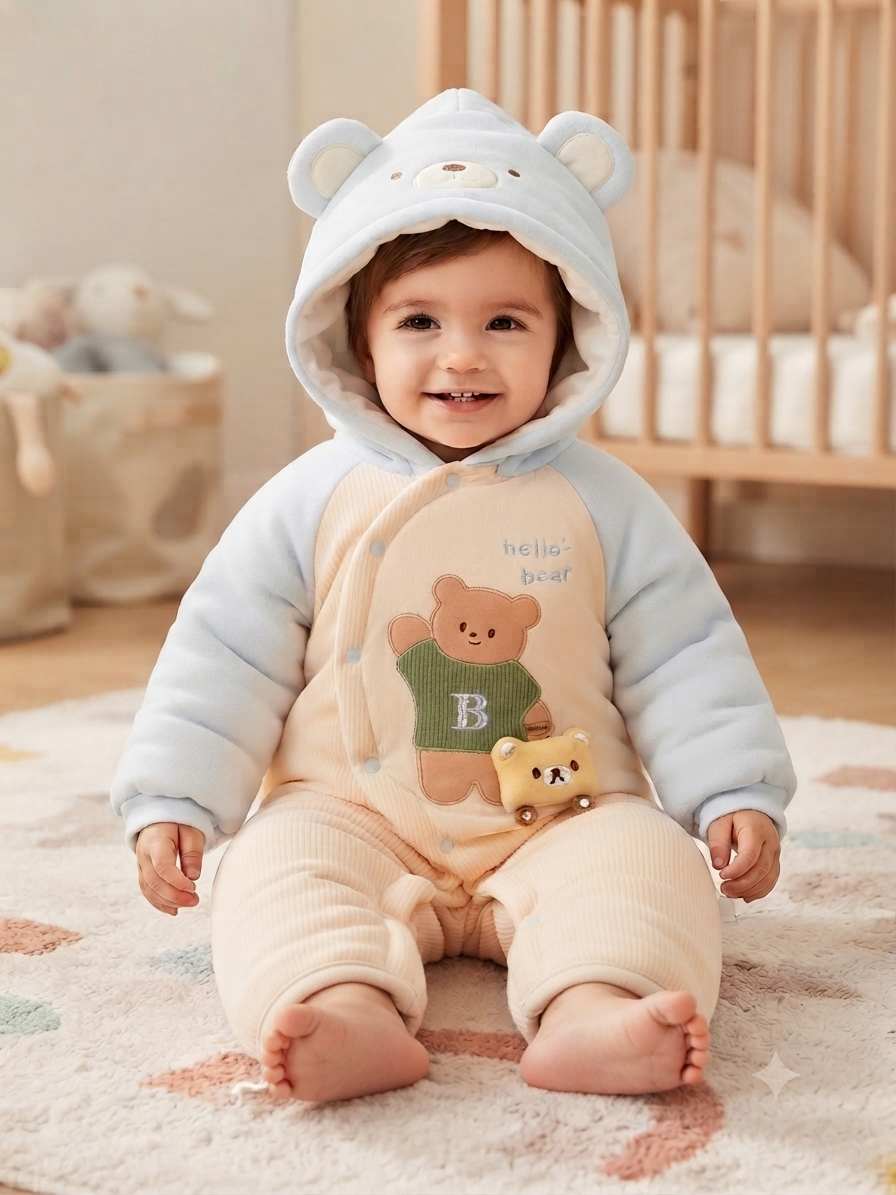 Cute Bear Hooded Winter Romper Thick Warm Baby Jumpsuit Soft Fleece Infant Clothing