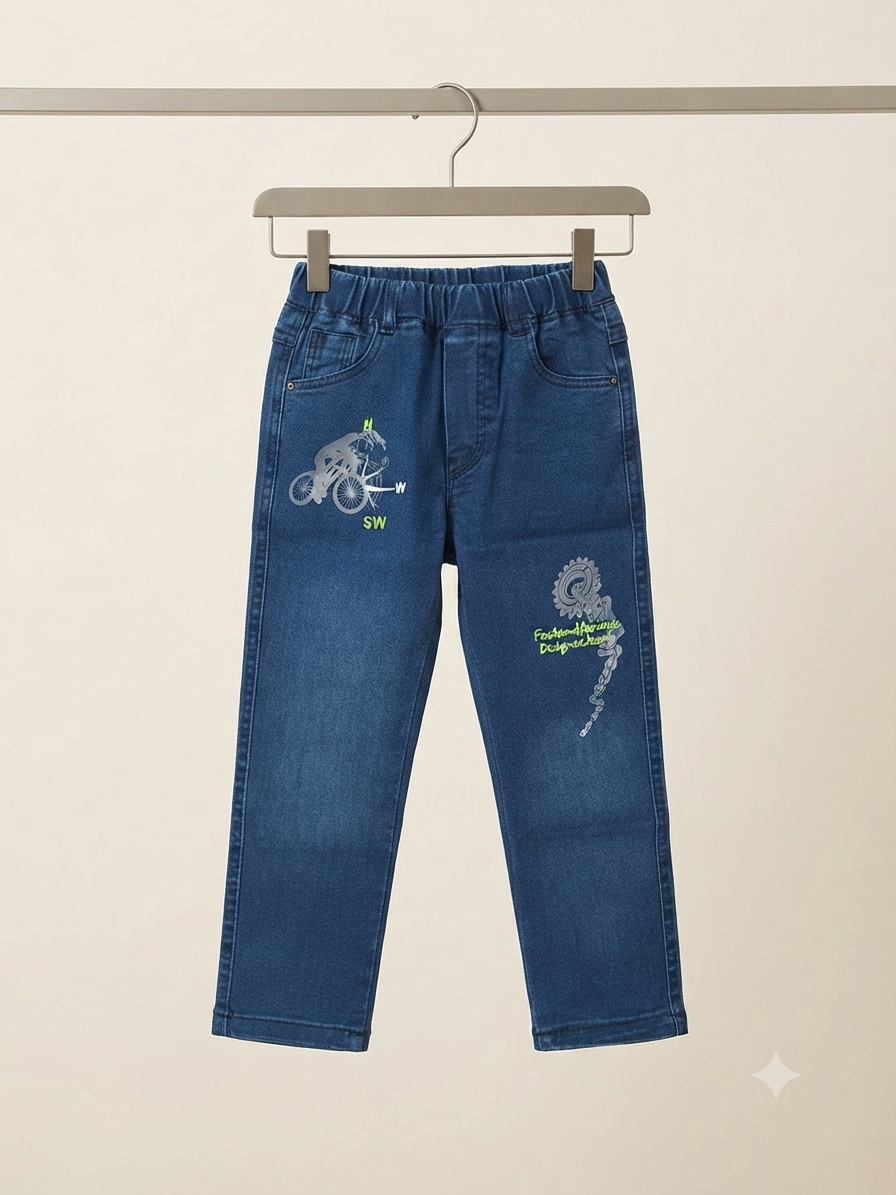Stylish kids denim pants featuring cool graphic prints, elastic waistband, and comfortable everyday wear.