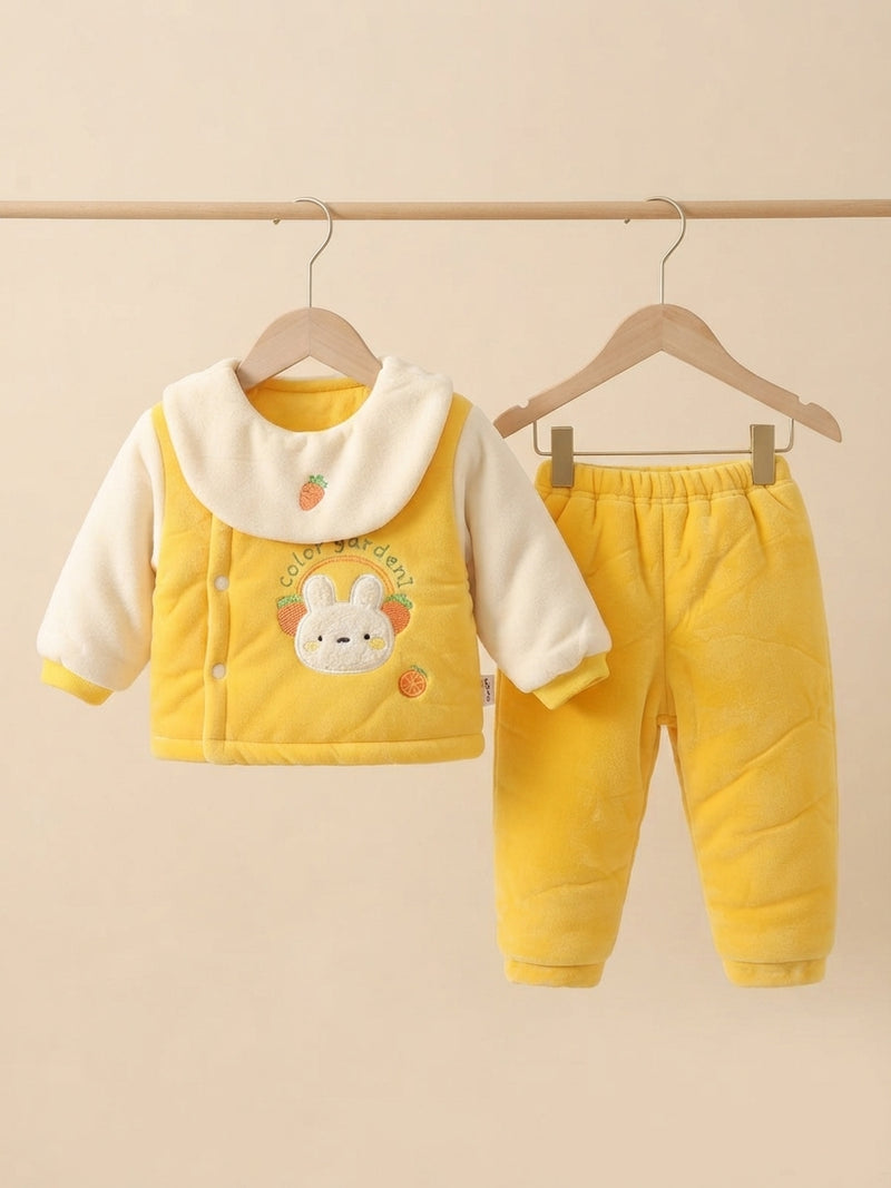 Cute Rabbit Design Fleece Winter Top With Matching Full-Length Trouser Set