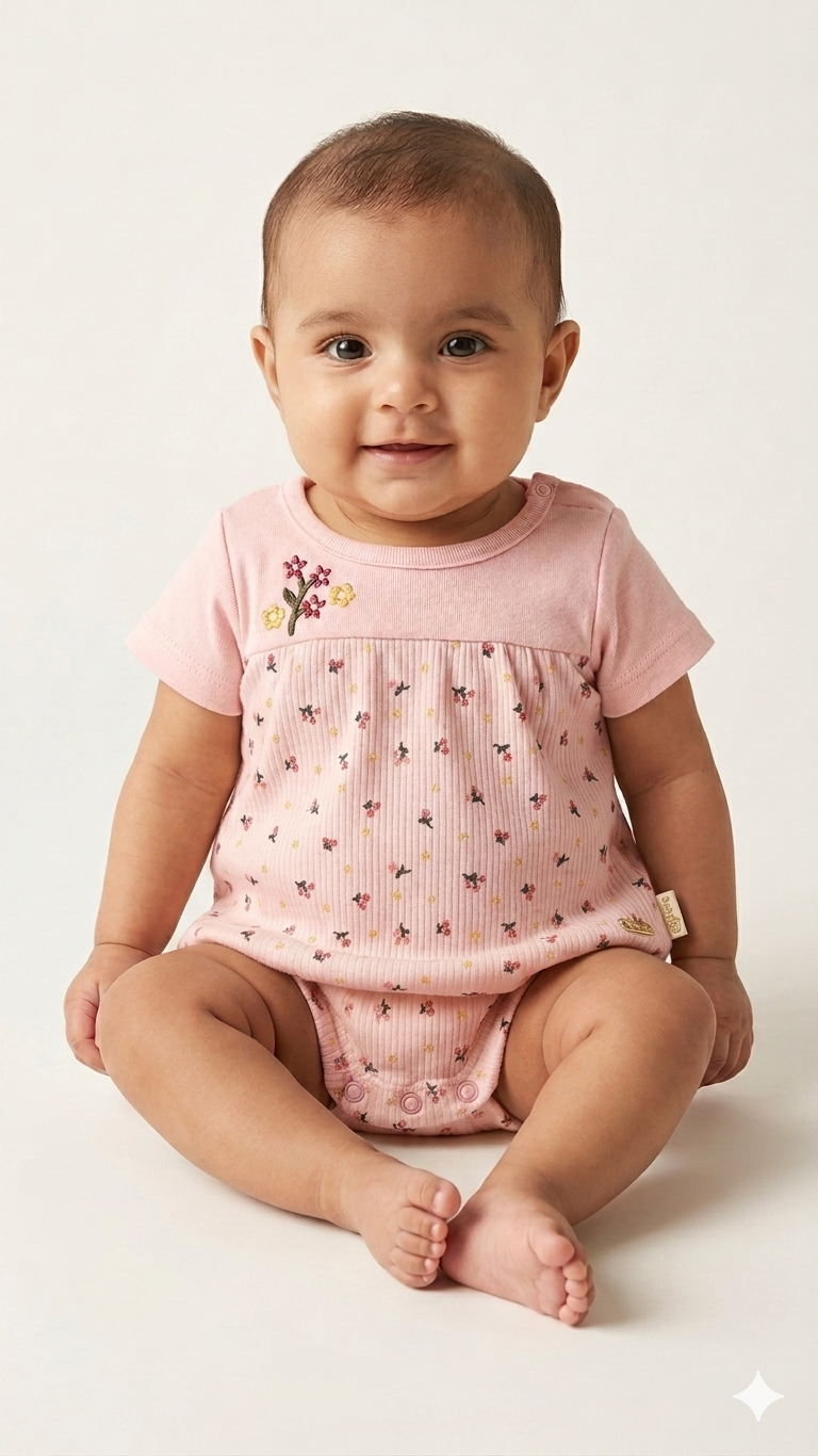 Soft Organic Cotton Baby Girl Floral Bodysuit With Embroidered Flower Detail For Comfortable Daily Wear