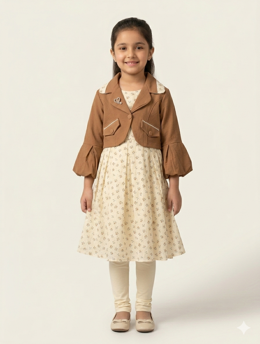 Elegant Little Girls Floral Dress with Tiered Bell Sleeve Cropped Jacket and Matching Leggings