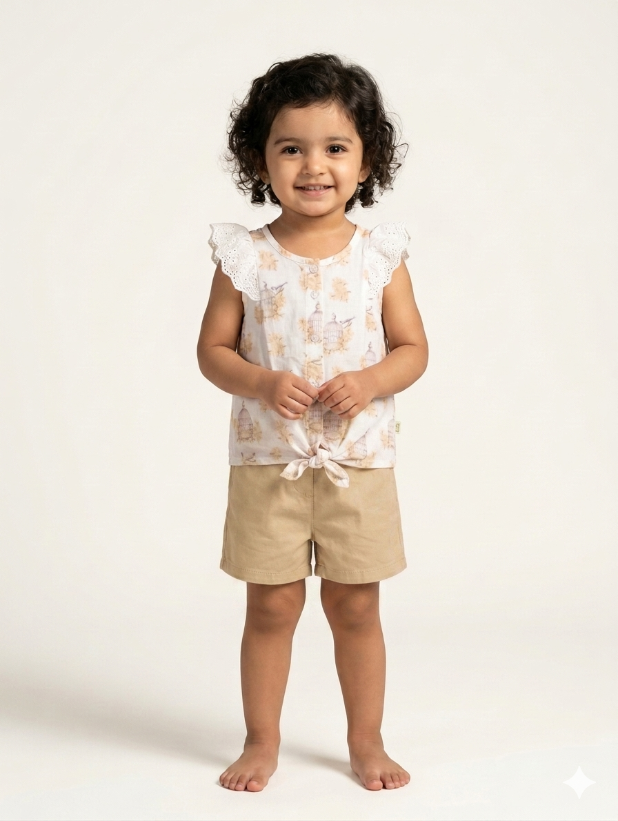 Toddler Girls Floral Print Tie-Front Top and Cotton Shorts Summer Two-Piece Clothing Set