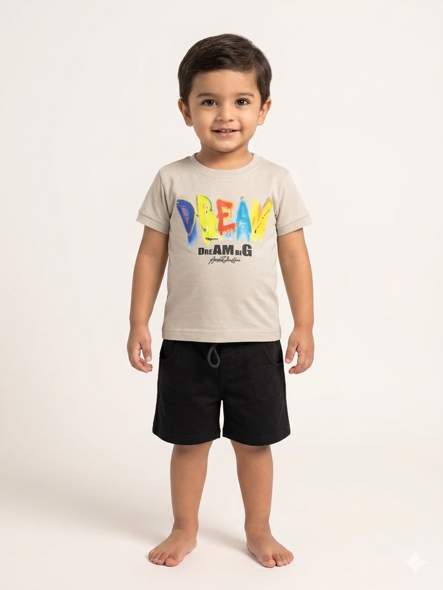 Toddler Boy Dream Big Colorful Graphic Tee and Shorts Set Premium Cotton Summer