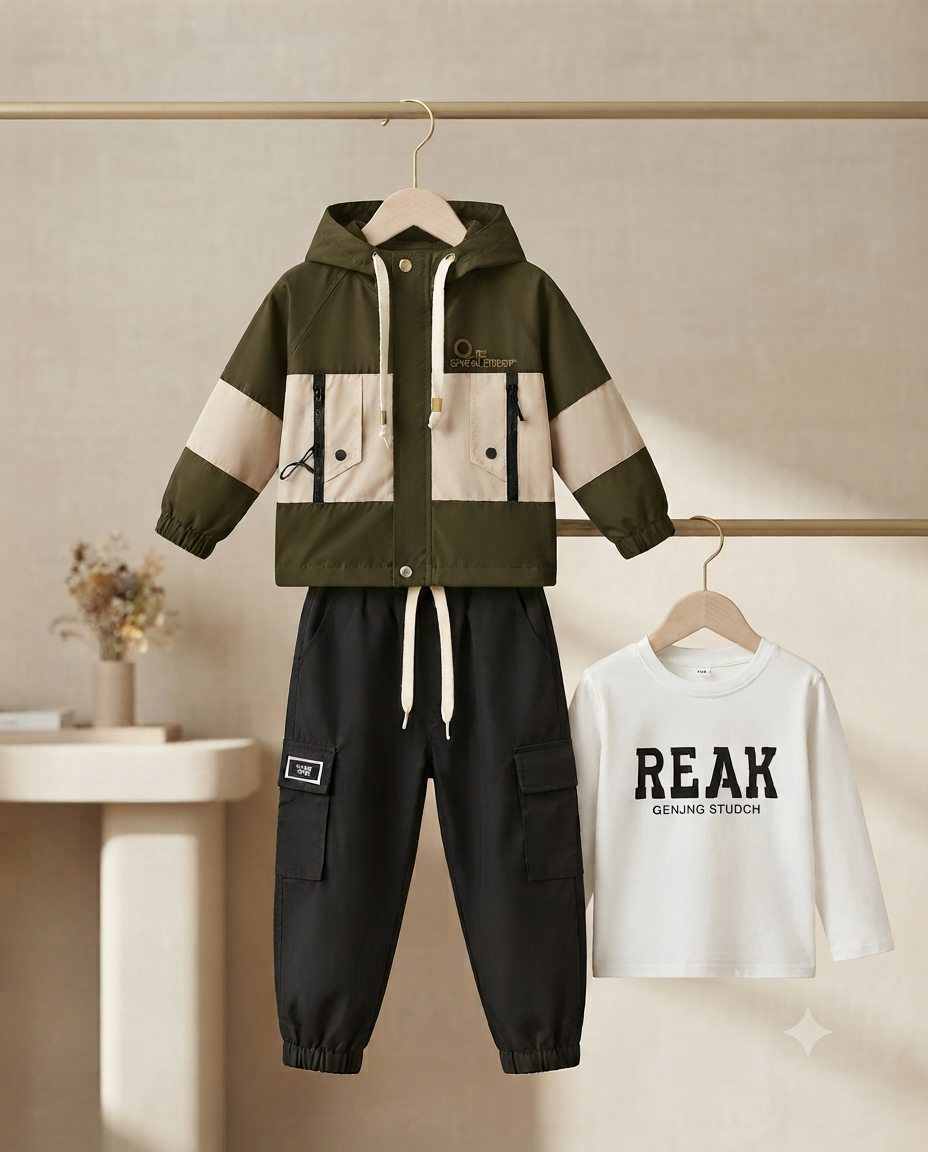 Stylish Utility Hooded Jacket Set With T-shirt And Cargo Pants For Kids