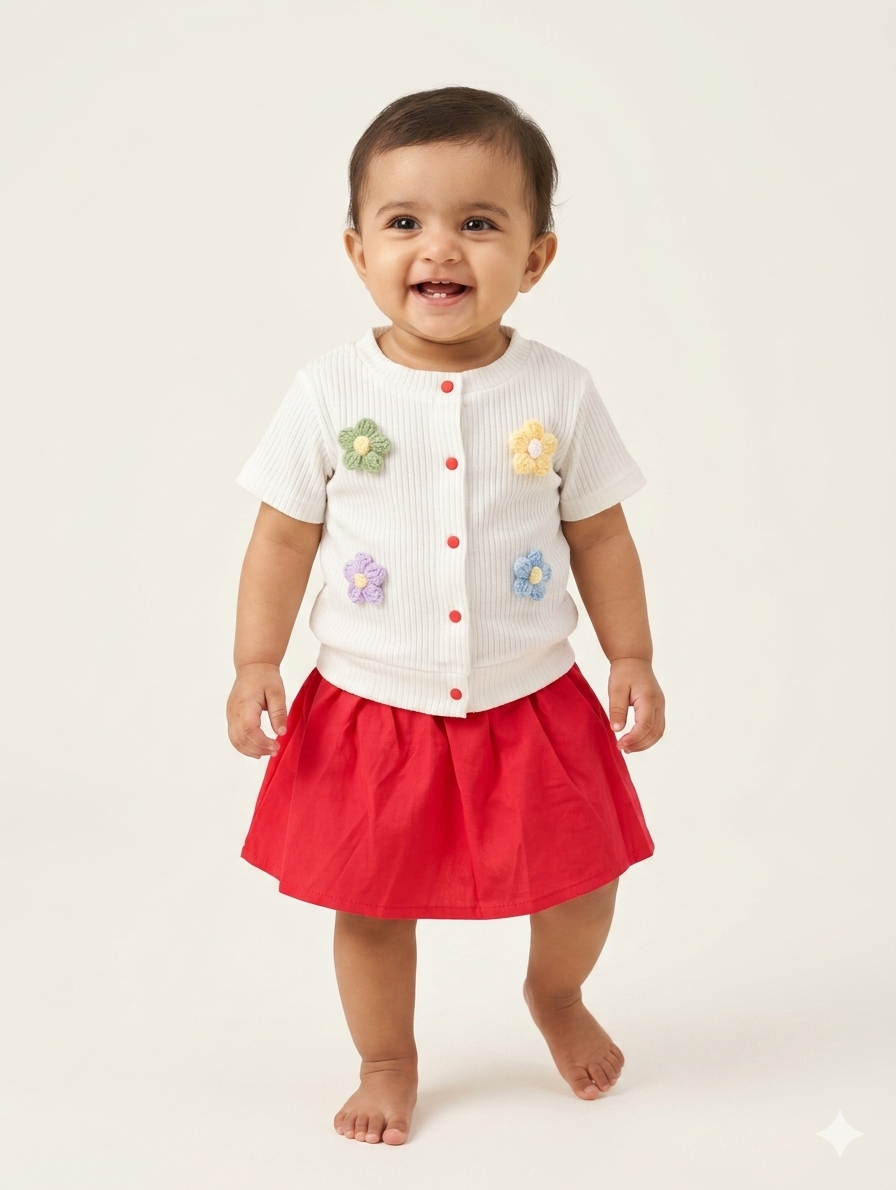 Baby Girls' Floral Applique Cardigan and Skirt Set in Red and Lavender Colors