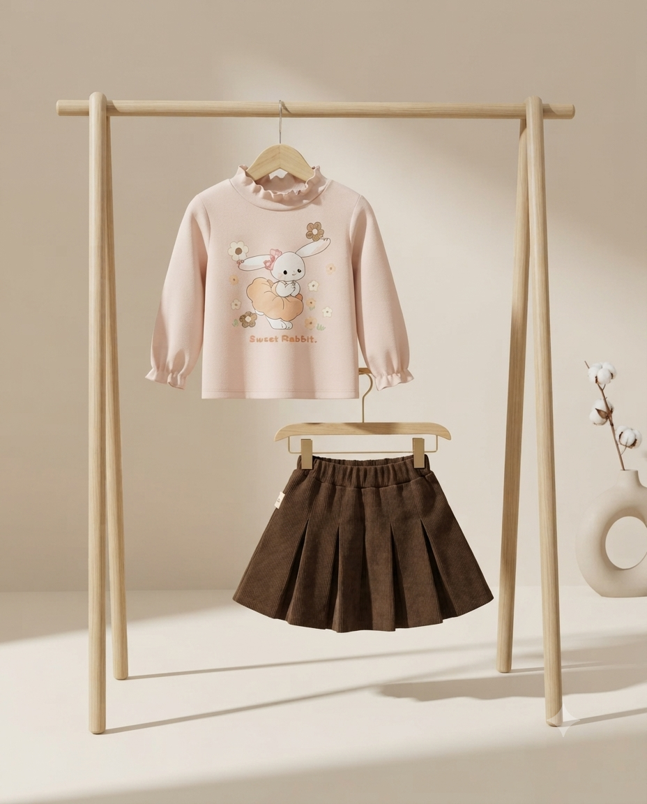 Cute Baby Girls Sweet Rabbit Print Top And Pleated Skirt Outfit Set