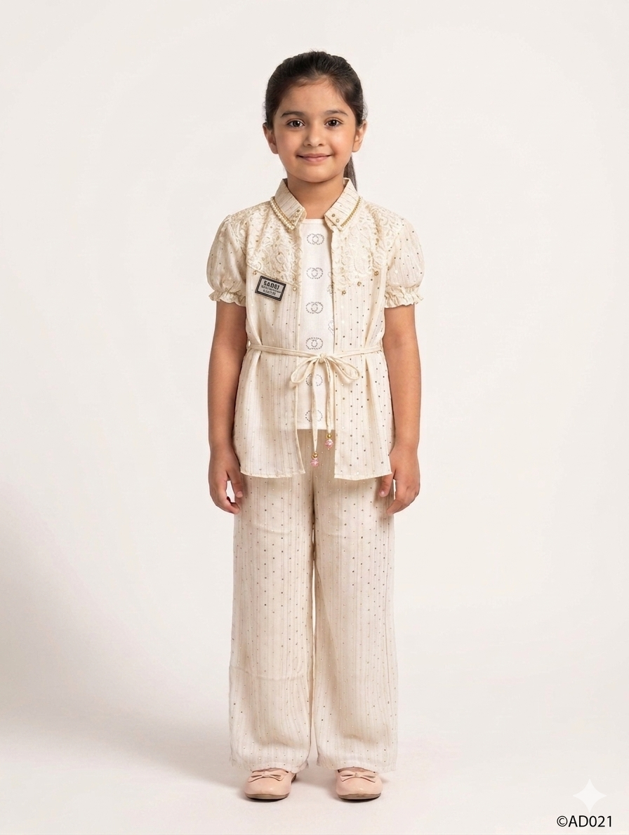 Elegant Girls Three Piece Shimmer Suit Featuring Lace Overlay Waist Tie Jacket and Wide Leg Trousers