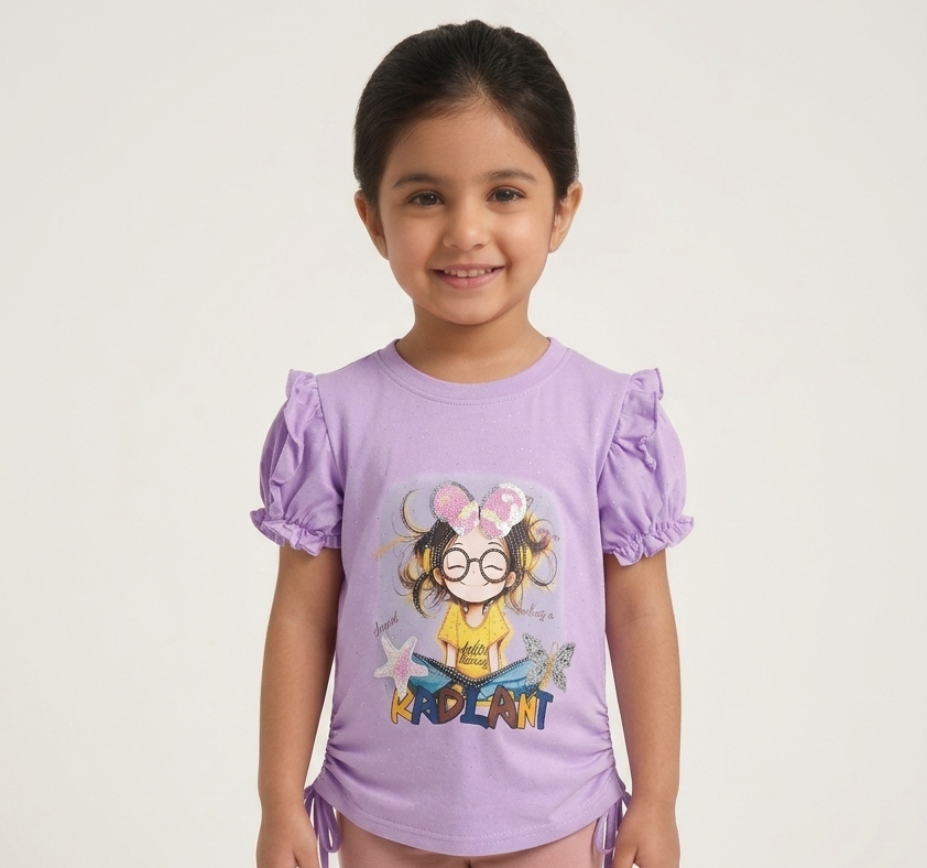Girls Radiant Sparkle Flutter Sleeve Graphic Tee - Puff Shoulder Cinch Waist Casual Top