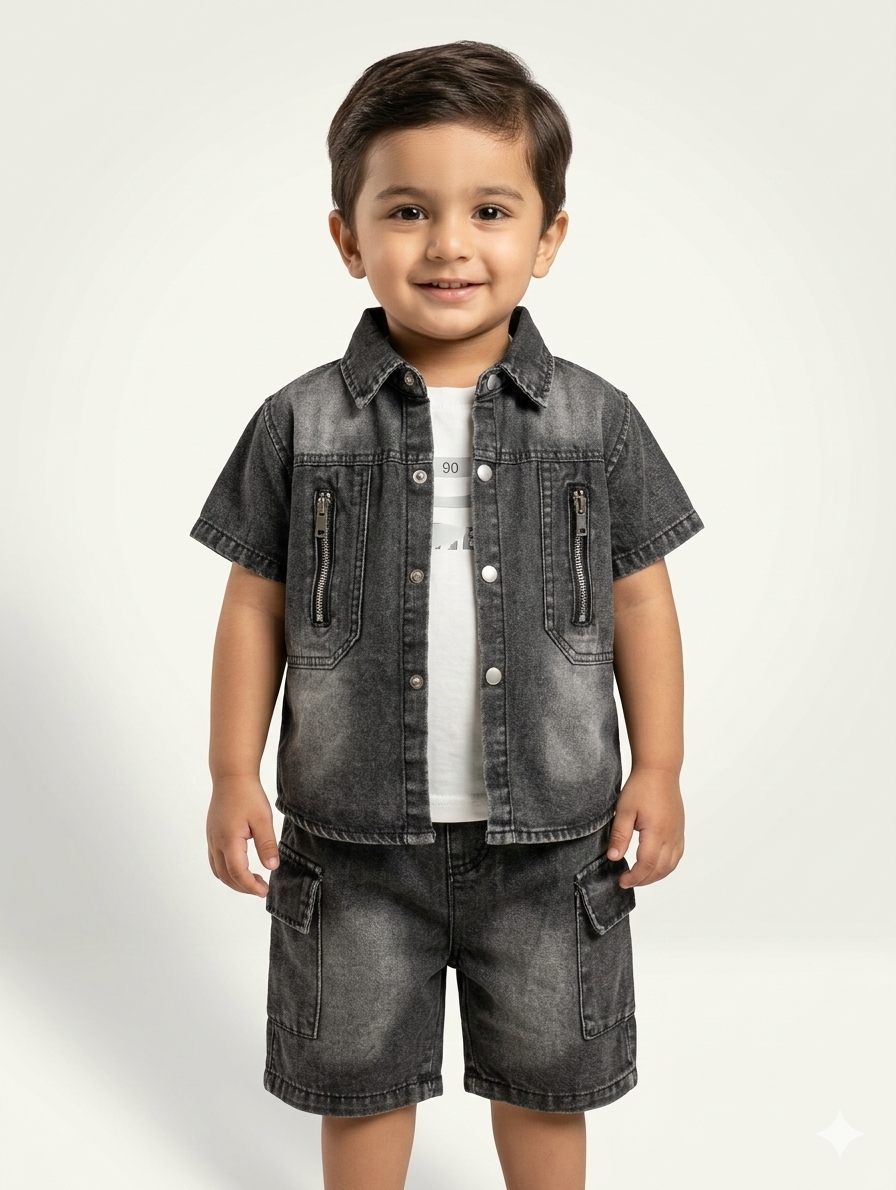 Boy's 3-Piece Streetwear Denim Shirt and Cargo Shorts Set with Graphic Tee