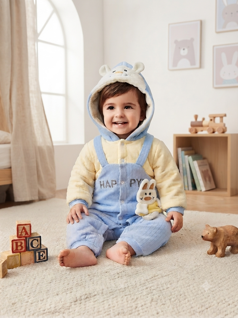 Cute Blue Overalls Style Hooded Baby Romper Warm Fleece Winter Jumpsuit For Toddler