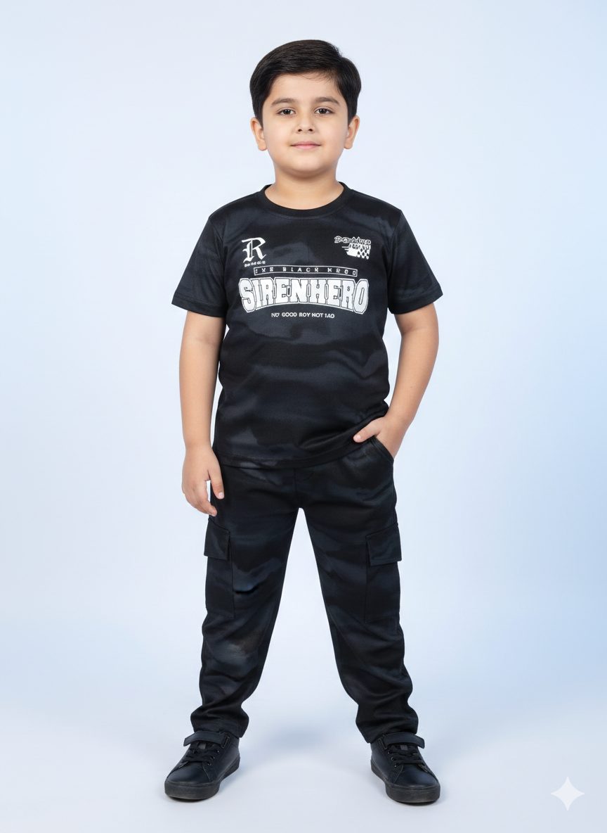Versatile Multi-Toned Camo Graphic Tee and Cargo Pants Set for Active and Stylish Young Boys