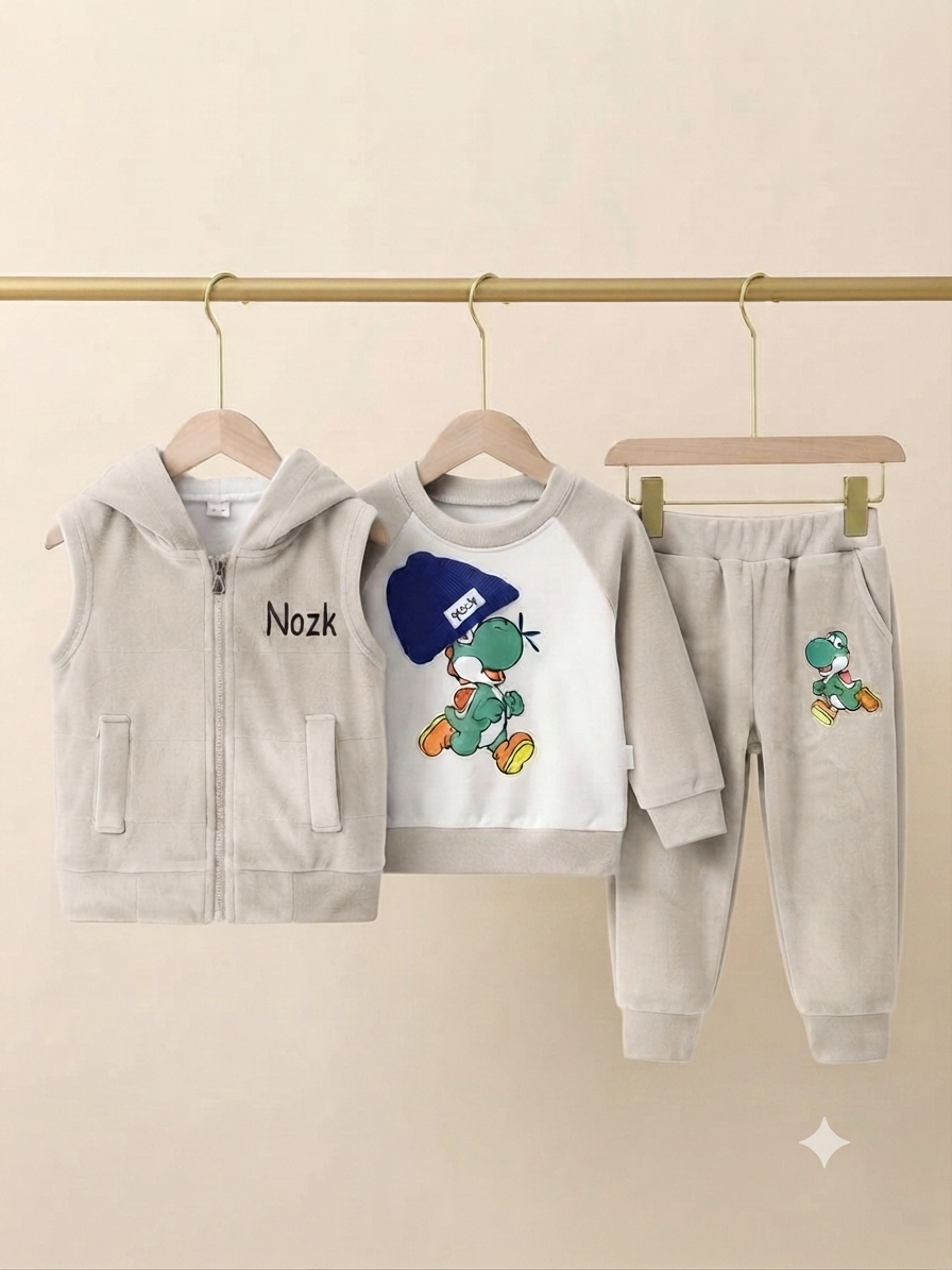 Kids Dinosaur Print 3-Piece Fleece Outfit Set with Hooded Vest for Boys