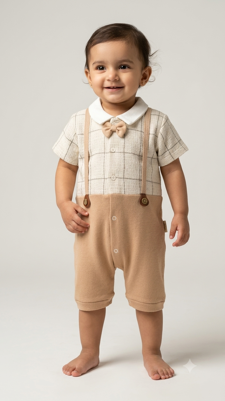 Baby Boy Beige Plaid Romper Suit With Cute Faux Suspenders And Bow Tie