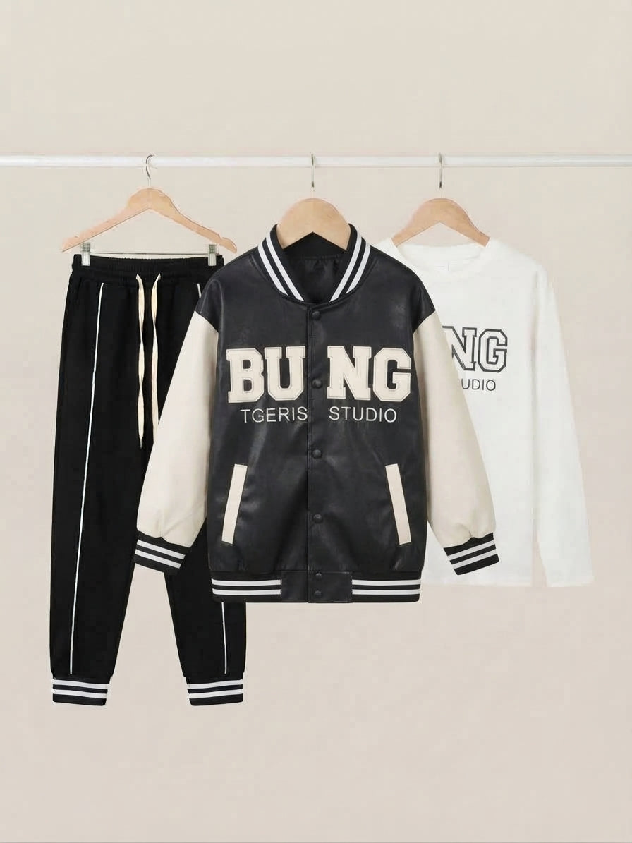 Stylish Kids 3-Piece Tgeris Studio Outfit Set With Letter Jacket Hoodie And Pants