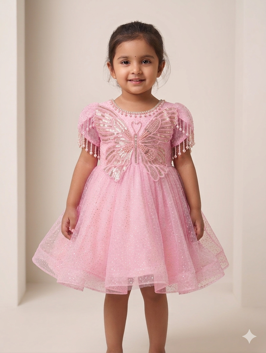 Girls Sequin Butterfly Applique Tulle Party Dress with Pearl Fringe Sleeves and Glitter Finish