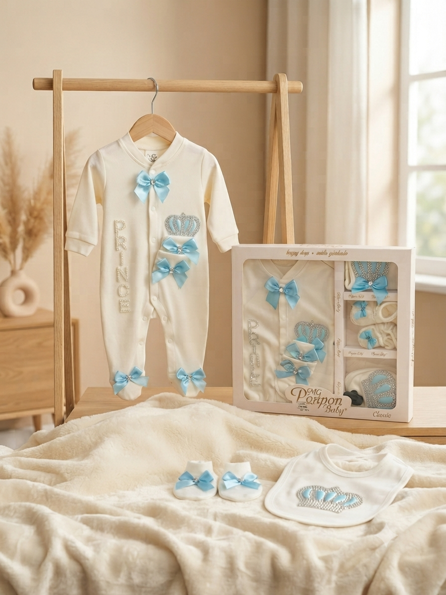 Prince Newborn Baby Gift Set Romper With Cap Mittens Booties And Bib