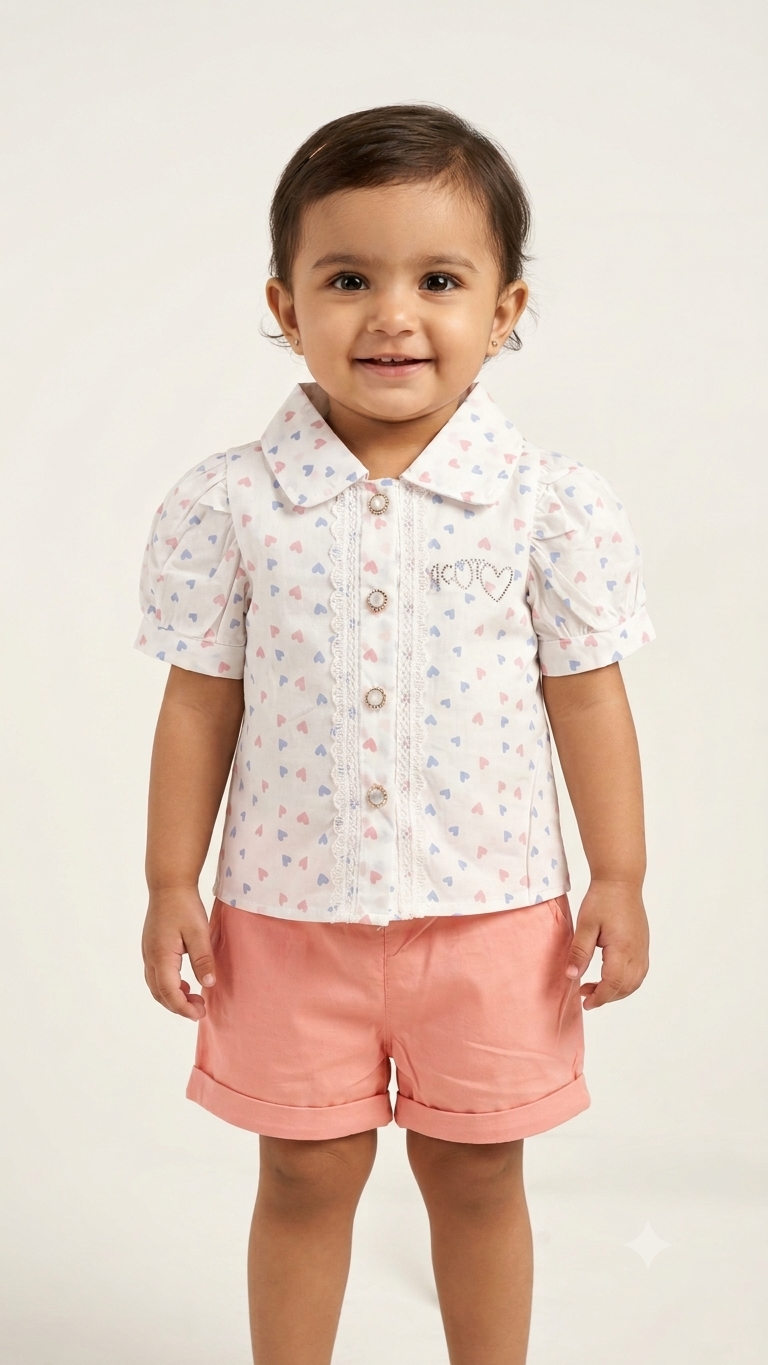 Toddler Girl Heart Print Shirt and Shorts Set, Breathable Cotton Summer Outfit Kids