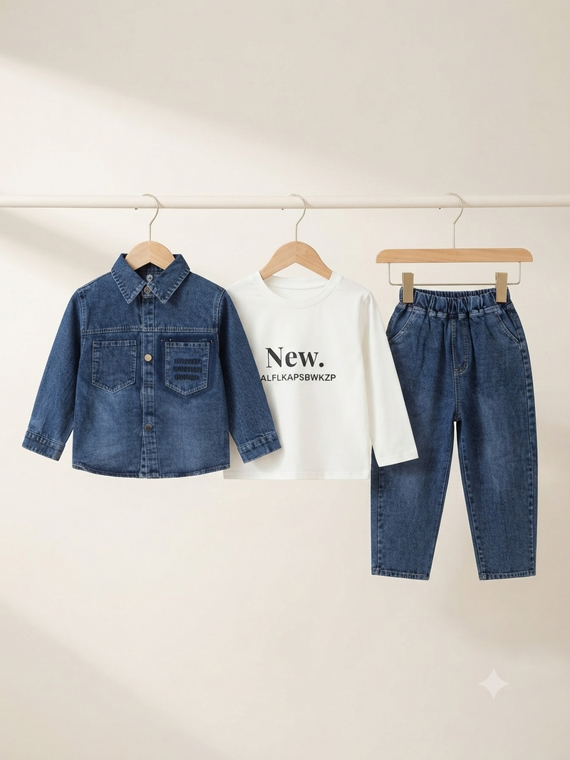 Kids Stylish 3-Piece Denim Jacket, T-Shirt & Jeans Outfit Set