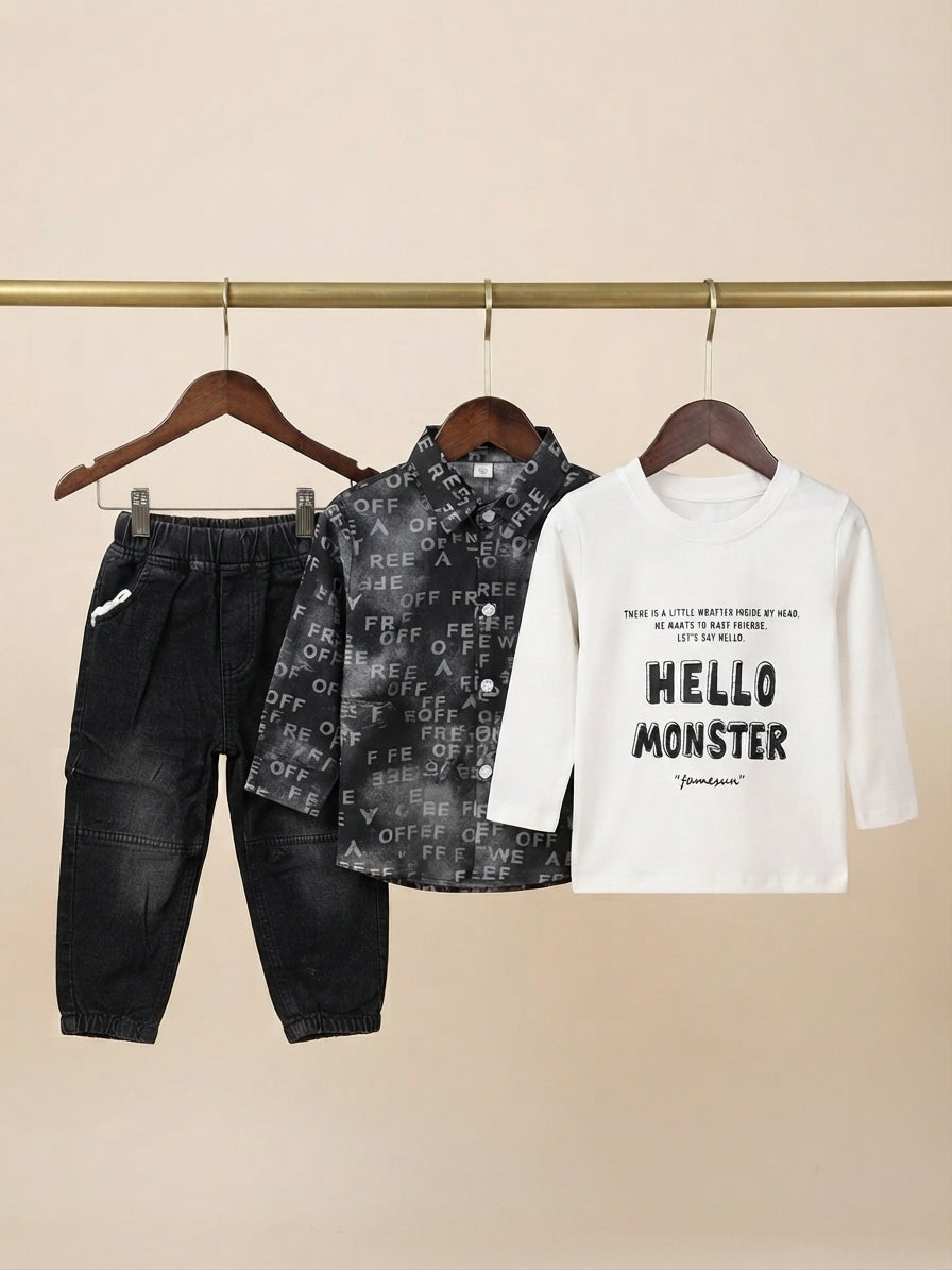 Stylish Boys Checked Shirt White Graphic Tee And Blue Denim Trouser Outfit Set