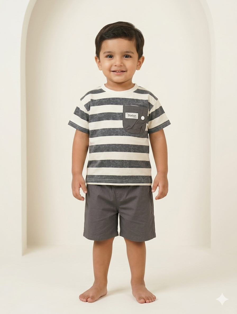Boy's Striped Cotton T-Shirt and Cargo Shorts Two-Piece Set in Earthy Summer Tones