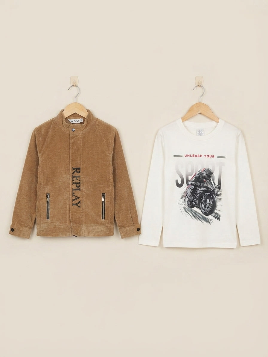 Stylish Boys Corduroy Jacket And Graphic T-Shirt Combo For Casual Daily Outfits