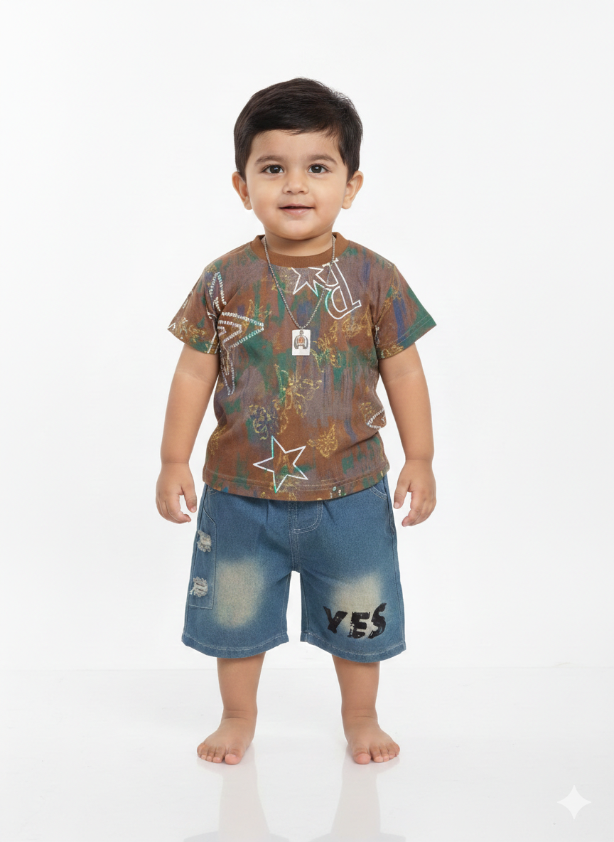 Toddler Boys' Star Print Graphic T-Shirt and Distressed Denim Shorts Two-Piece Summer Set