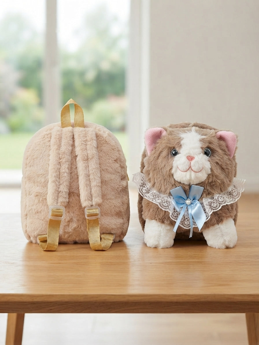 Cute Fluffy Grey Cat Plush Backpack With Soft Fur And Blue Ribbon For Kids