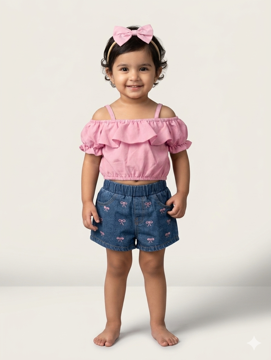 Toddler Girls Ruffled Cold-Shoulder Top and Patterned Denim Shorts Two-Piece Summer Outfit Set
