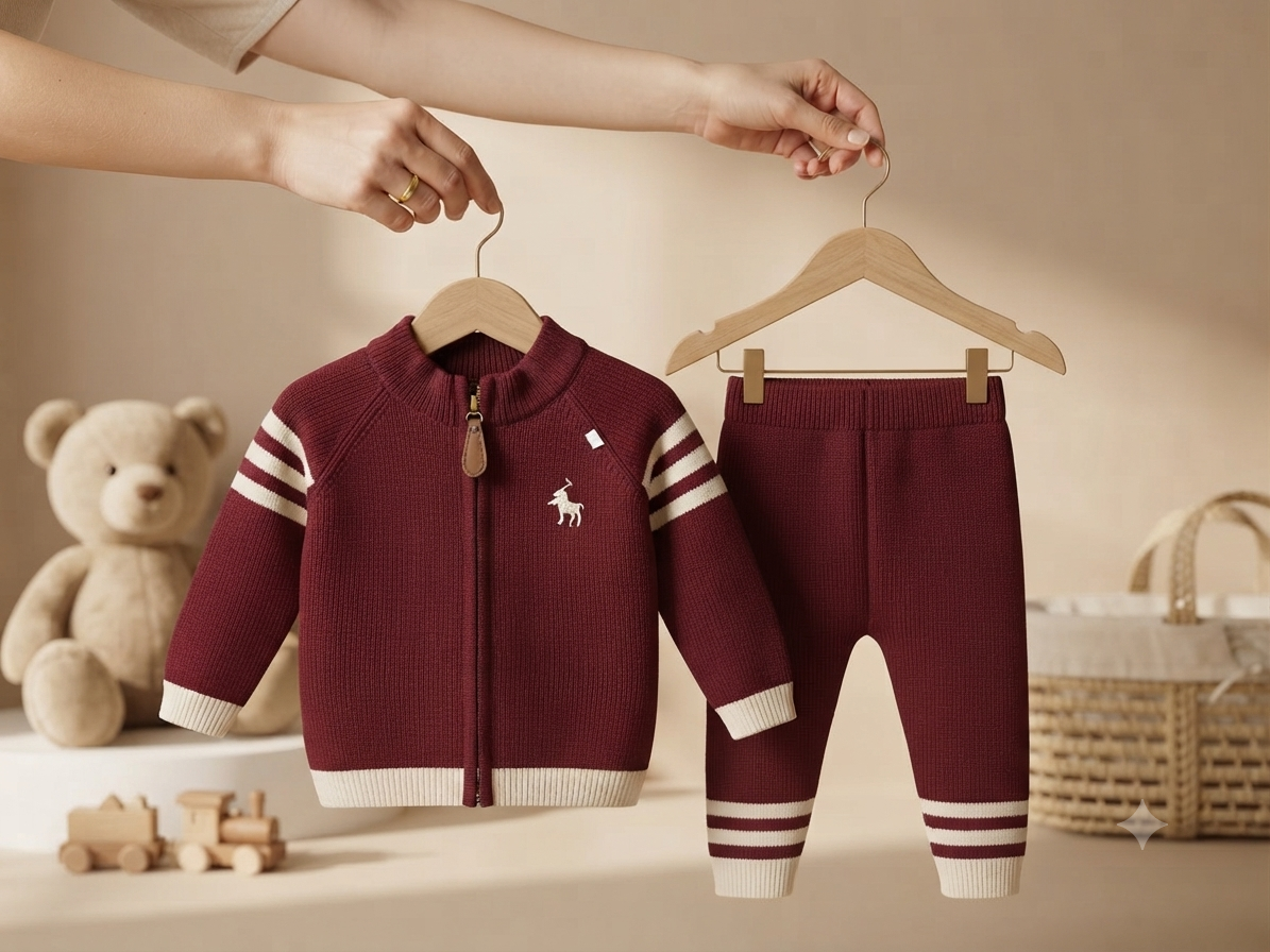 Premium Camel Knit Zip-Up Jacket And Trouser Set For Cozy Baby Boy Winter Fashion