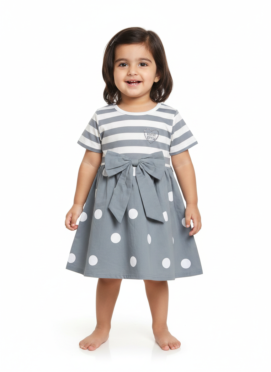 Girls' Playful Mixed Pattern A-Line Dress with Striped Bodice and Oversized Front Bow